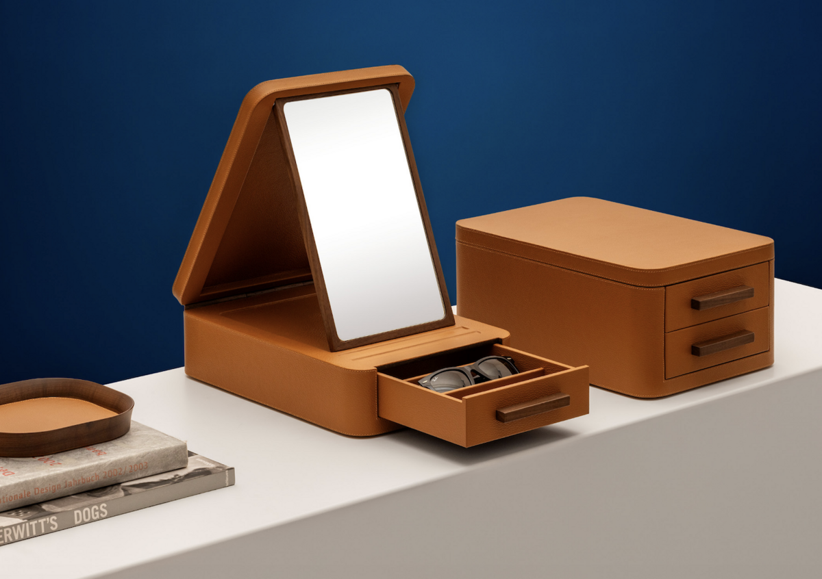 Selections from the Poltrona Frau x Giobagnara collection, including the glasses box in Pelle Frau ColorSphere leather in India