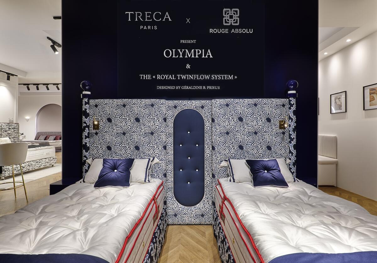 The Olympia Royal TwinFlow bed system by Rouge Absolu and Tréca Paris, on display at Salone del Mobile