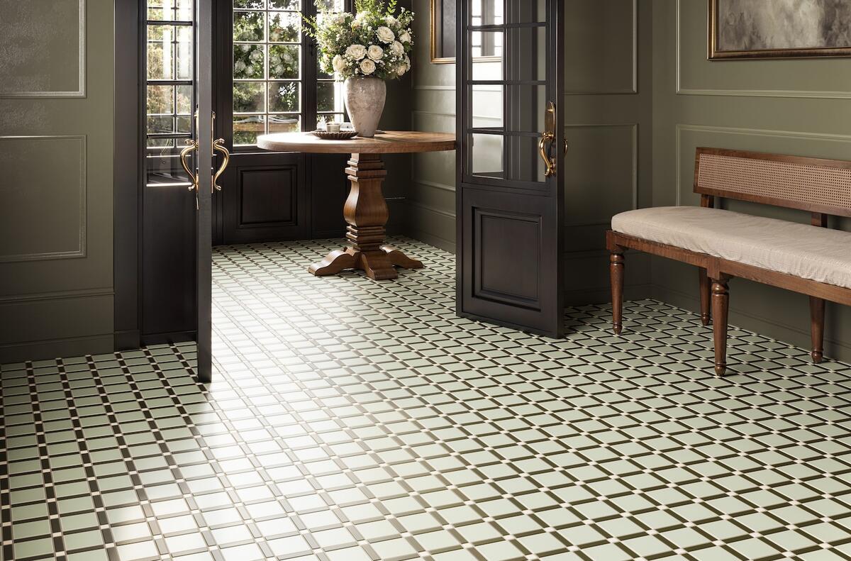 Fireclay Tile’s Lattice sheeted Original Ceramic tile in Feldspar Matte, Bonsai Matte & Overcast Matte 