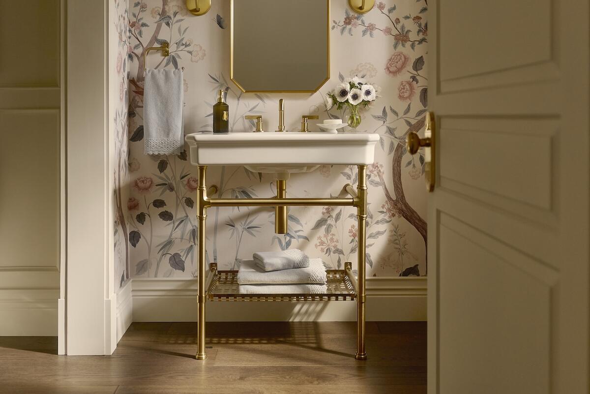 Kohler’s Claude 30-inch console table bathroom sink in Dune with Vibrant Brushed Moderne Brass by Studio McGee