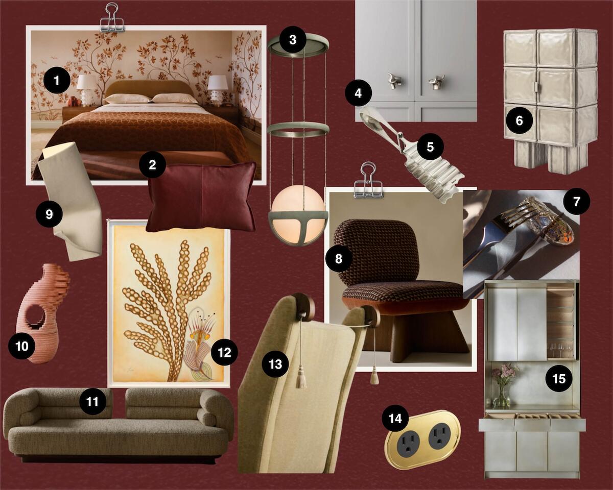 Nina Takesh dreams of a brass-finished pantry, a suede-wrapped pendant light and a tassel-accented armchair