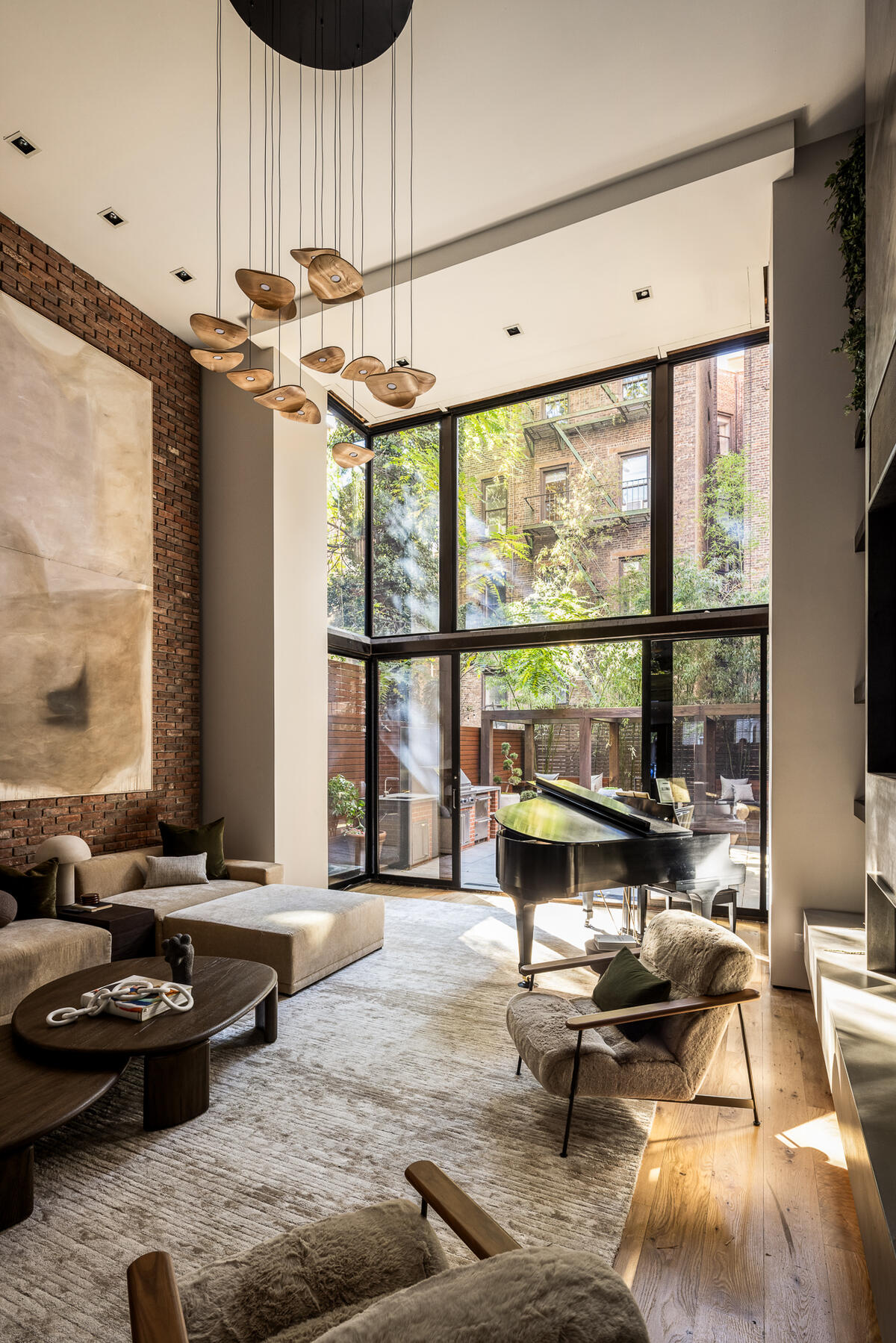 A living room in 80 W Washington Place, where the more modern elements of the architecture are on display