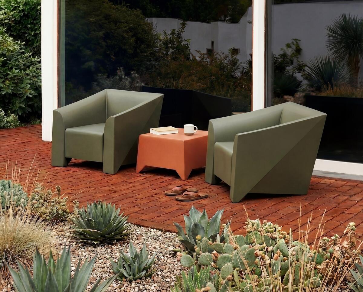 Heller’s MB 1 lounge chairs in Olive and MB 5 ottoman in Terra Cotta by Mario Bellini 