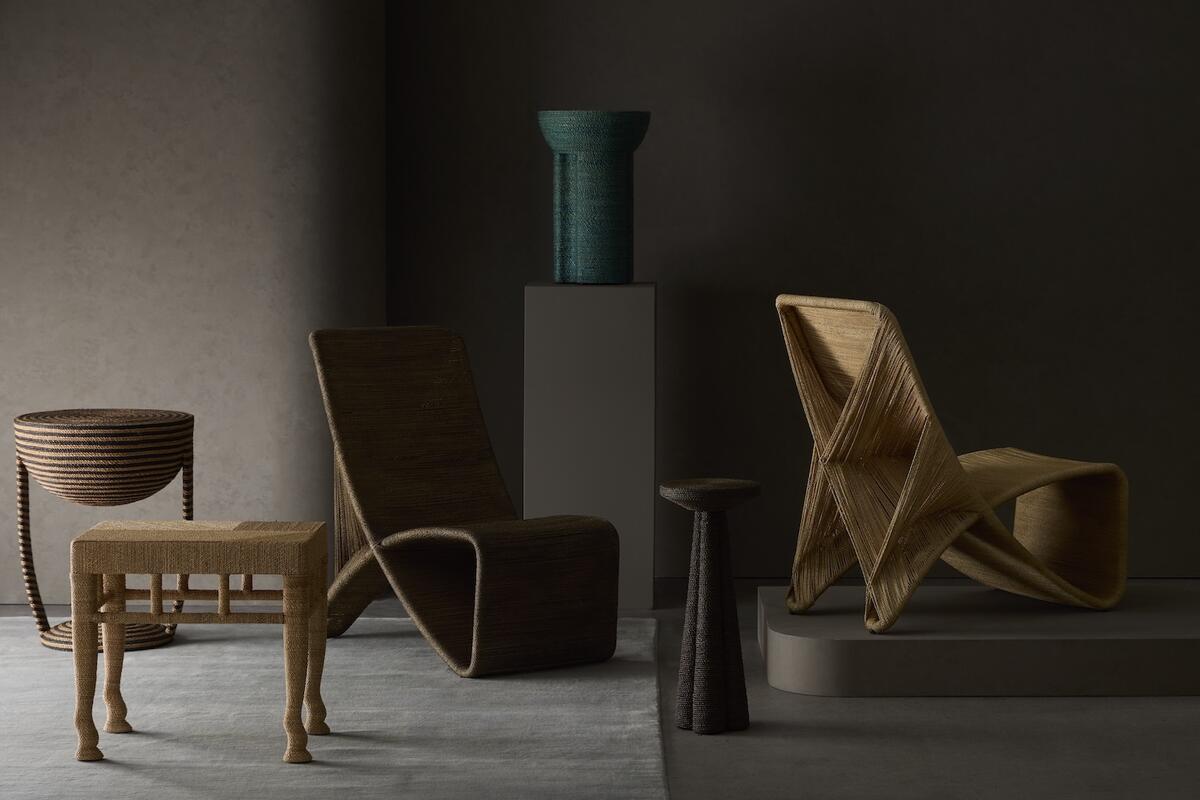 Selections from the Tended Form collection by Mous, including the Mirage rope chair in Dark Stained (third from left) and Natural (far right) 
