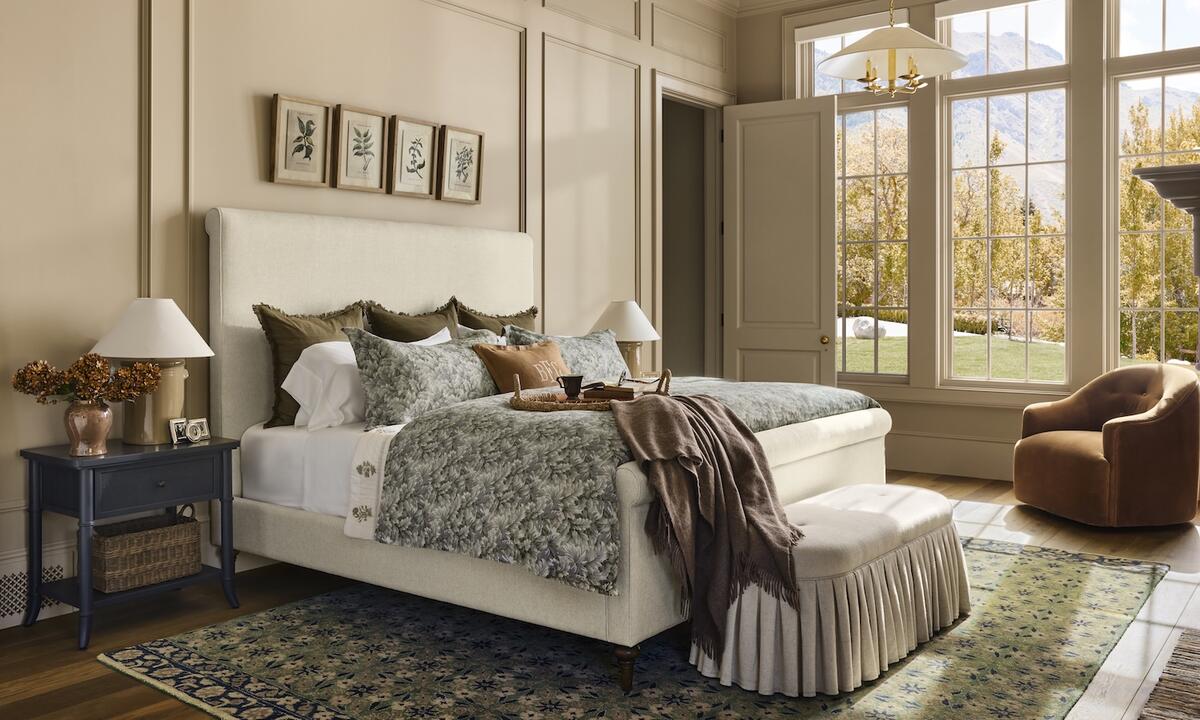 Selections from McGee & Co.’s latest collection, including the Mabel bed upholstered with Crypton fabric in Sand