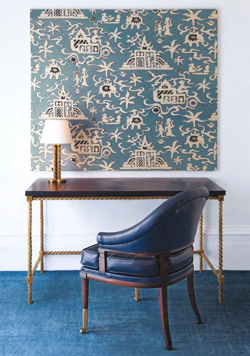 Wall panel in Elephant Temple with the Eldon chair, the Argo writing desk, the Argo table lamp; by Soane Britain