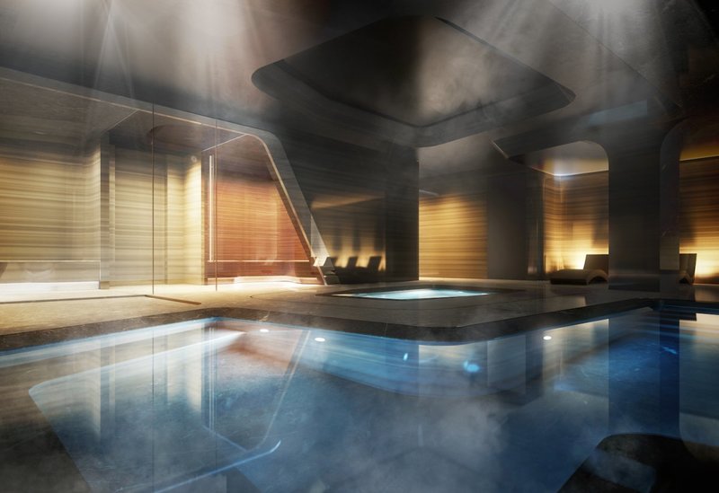 The residence has a 75-foot pool with a skylight, a private spa and fitness center
