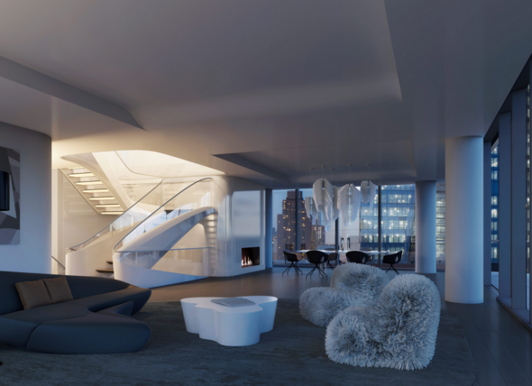 Living room, outfitted with sculptural staircase