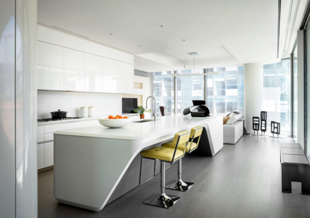 Kitchen designed by Hadid with Boffi, featuring Boffi's Xila collection, sculpted white marble and high-gloss formed millwork island