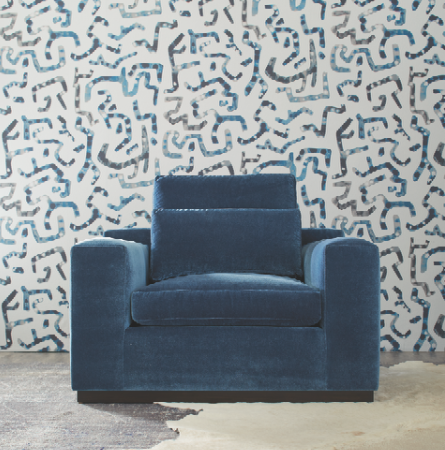 MATAWI wall covering by Rachel Brown. Velvet on chair is a Main Basics collection product, pattern is Foreign Affair in Paige Blue