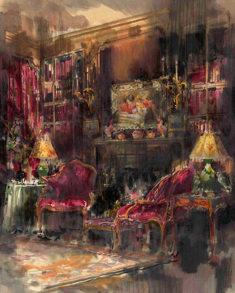 Goodman’s 1990 painting of Greta Garbo’s library; courtesy Dean Rhys Morgan