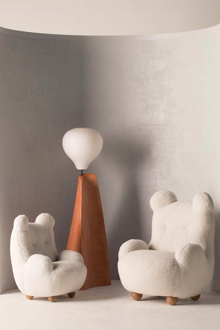 Bear Chairs and Marsha and James Floor Lamps, 2017, by Pierre Yovanovitch; courtesy Lux Productions by Jean-Francois Jaussaud, R & Company