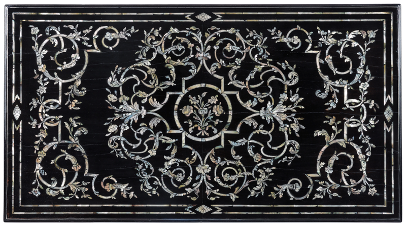Burzio's Barque tabletop, made of ebony mother of pearl and metal inlaid
