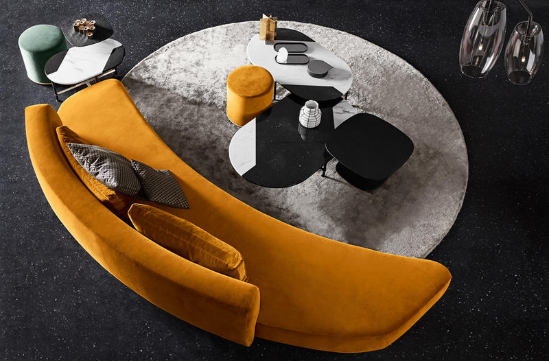 Audrey Sofa and pair of black and white Cookies Tables; courtesy of Gallotti & Radice