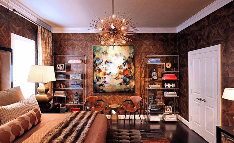 Bedroom designed by Benjamin Johnston with Maya Romanoff's Sunburst II Collection—Type II Vinyl; courtesy Maya Romanoff