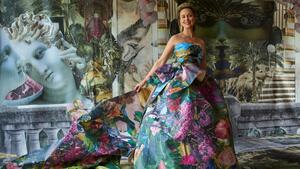 Framing faith backdrop with magic garden wallpaper dress
