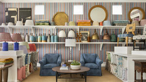 Front room with accessories with peter dunham textiles jacob s stripe grasscloth on the wall photo by aimee mazzenga