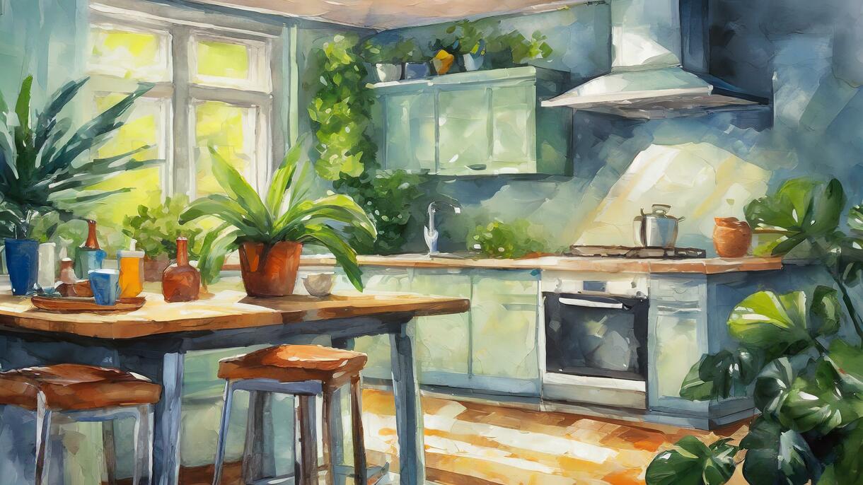 Firefly impressionist painting of a light filled kitchen with plants and modern appliances 50304
