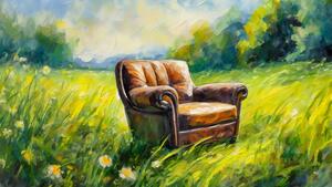 Firefly impressionist style painting of leather armchair in a meadow 3338