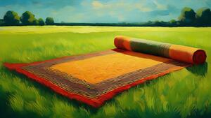 Firefly an impressionist style painting of a rolled up carpet in a green field 68950