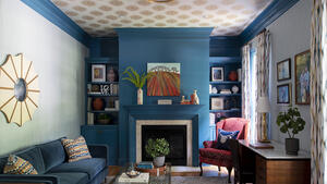 Den saturated blue orange transitional best interior designer north carolina 3 web