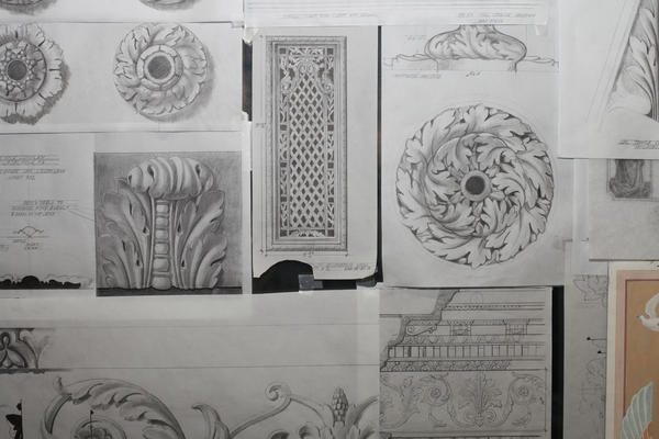 Hand renderings in the EverGreene studio of millwork, plasterwork and more
