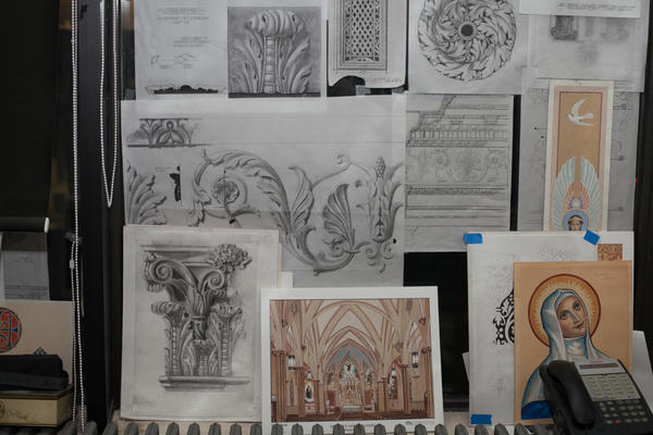 Hand renderings in the EverGreene studio of millwork, plasterwork and more
