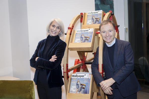 Holly Hunt and Tony Chambers with The Wheel, designed by Vladimir Kagan
