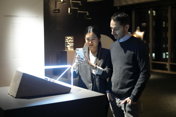 Students Lucy Wang and Patrick Pitu admire the fixture ‘Open Space’ by Morgane Tschiember. 