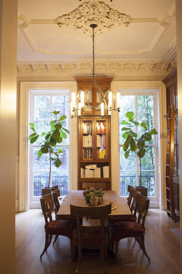A grand dining room flanks the living room.