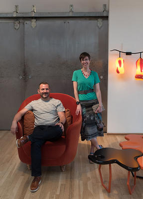 NYSID students Pete Hassler and Tove Hermanson with an Elizabeth Garouste club chair. 