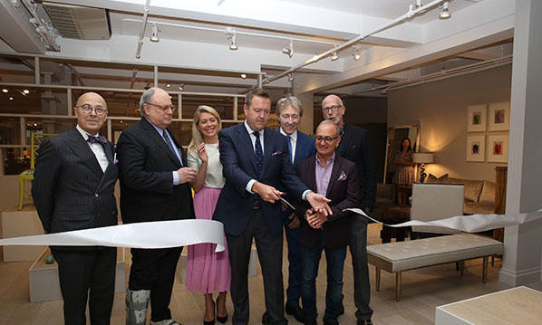 Ric Watts, showroom manager; Jim Druckman, president and CEO of the New York Design Center; Tori Mellott, Traditional Home senior design and markets editor; Neill Robinson, president of Theodore Alexander; Leigh Keno; Michael Berman; and Jamie Drake  