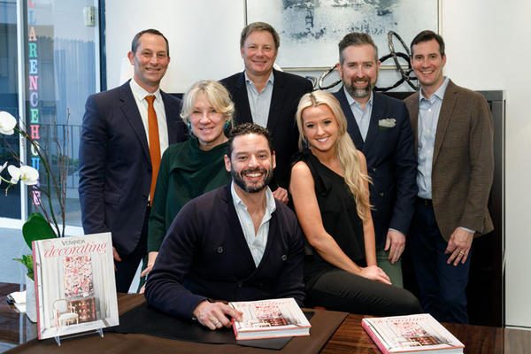 Veranda’s David Hamilton, Carolyn Englefield, and Clinton Smith and the Jerry Pair team, including owner Dan Cahoon, marketing director Courtney Hardage, and showroom manager Stephen Boyd, celebrate the book signing of Mario-López Cordero’s ‘Decorating.’