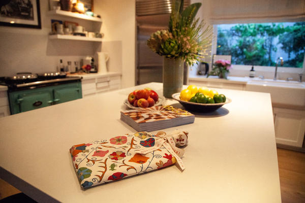 Kathryn M. Ireland's kitchen features an expansive Caesarstone countertop.
