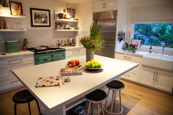 Kathryn M. Ireland's kitchen features an expansive Caesarstone countertop.