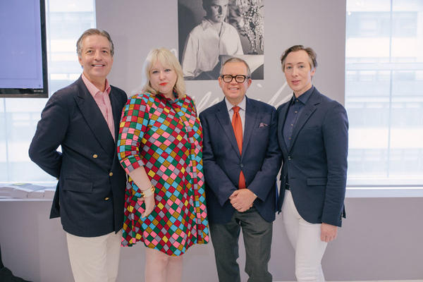 Alex Papachristidis (center right) and Emily Eerdmans (center left) celebrated the ‘Jeremiah!’ exhibit at The Gallery at 200 Lex with curator Dean Rhys Morgan (right), and moderator Mitchell Owens of Architectural Digest (left).