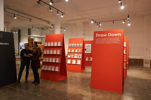 A collection of posters and books about art, architecture, photography and design on display at the Draw Down Bookshop