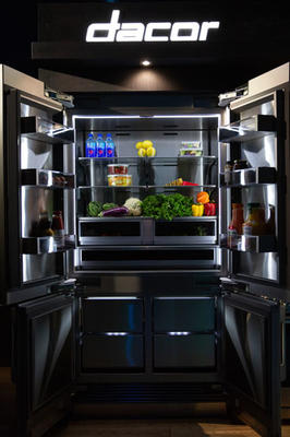 Dacor's new 42-inch french-door modernist refrigerator has counter-height vertical bottom freezer doors, which help it blend perfectly with surrounding cabinetry.