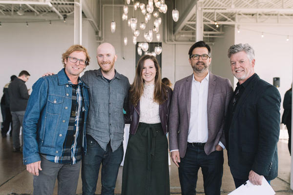 Greg Benson, CEO of Loll Designs; Jackson Schwartz, co-founder of Hennepin Made; Kaitlin Petersen, editor in chief of Business of Home; John Christakos, CEO and co-founder of Blu Dot, and Bill Baxley, managing director at Gensler