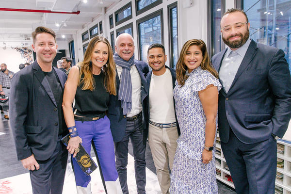 Five of the designers whose work appears in the book join Carl Dellatore for a candid laugh. From left: New York–based designer Kevin Dumais; Houston-based Lucinda Loya; the creative director at Anthony Baratta, Erick Espinoza; New York–based designer Tina Ramchandani; and Los Angeles–based Oliver M. Furth.