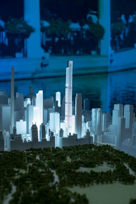 Model of the 1,550-foot-tall Central Park Tower and surrounding buildings overlooking the park.