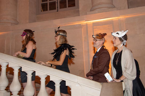 Guests on the Gabriel Staircase at the main entrance to the Palace staircase: Michelle Jolas and Lauren Lozano Ziol of Skin LLC, Erik Hughes of De Sousa Hughes and architect Lorissa Kimm