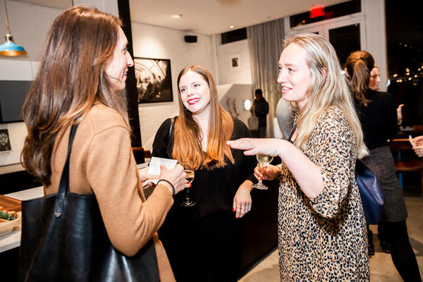 Kate Bergeron (center) and Kylie Lynch (right) from Nylon Consulting chat with Julia Noran Johnston from Business of Home