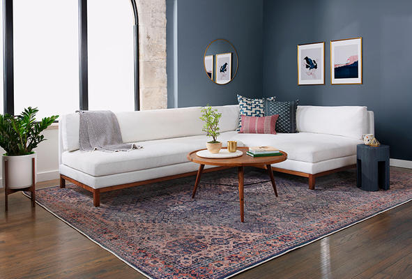 Jasper Sectional, Brooks Coffee Table, Greer Side Table, and Riley Rug