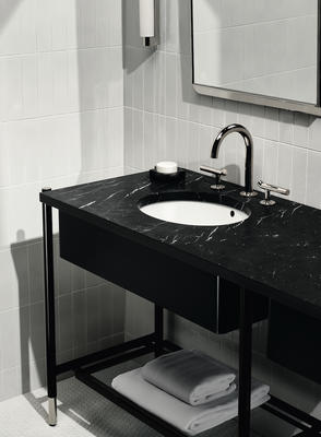 Bond Solo Series Gooseneck Faucet, Bond Six Leg Double Washstand, Saxby Sink and Formwork Mirror