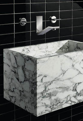 Andro Sink in Arabescato Honed and Formwork Faucet with Lever Handles, Kromaglas 3" x 6" Tile in Jet Glossy 