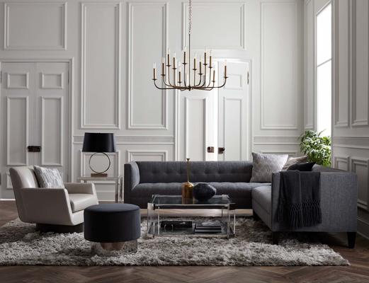 The Kennedy Sectional with the Melrose Cocktail Table, Astor Chandelier, Supernoval Swivel Chair, and Margaux Swivel Ottoman