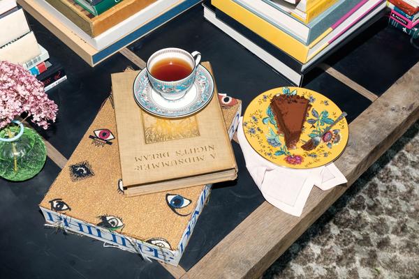 A Florentine Turquoise Cup and Saucer with a Wanderlust Cake Plate in Yellow Tonquin