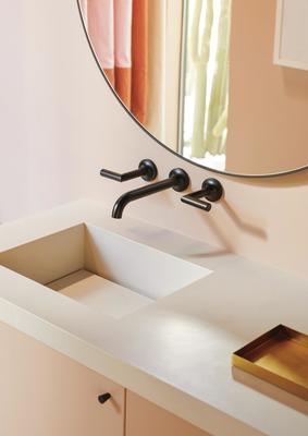 A sink featuring the Jason Wu for Brizo Two-Handle Wall Mount Lavatory Faucet in Matte Black (Photography: Ty Cole Studio Inc.) 