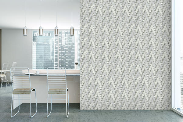 The marble, limestone and glass mosaic Impulse is a 14" x 15" contemporary chevron available in Cream, Blue, Winter, and White.